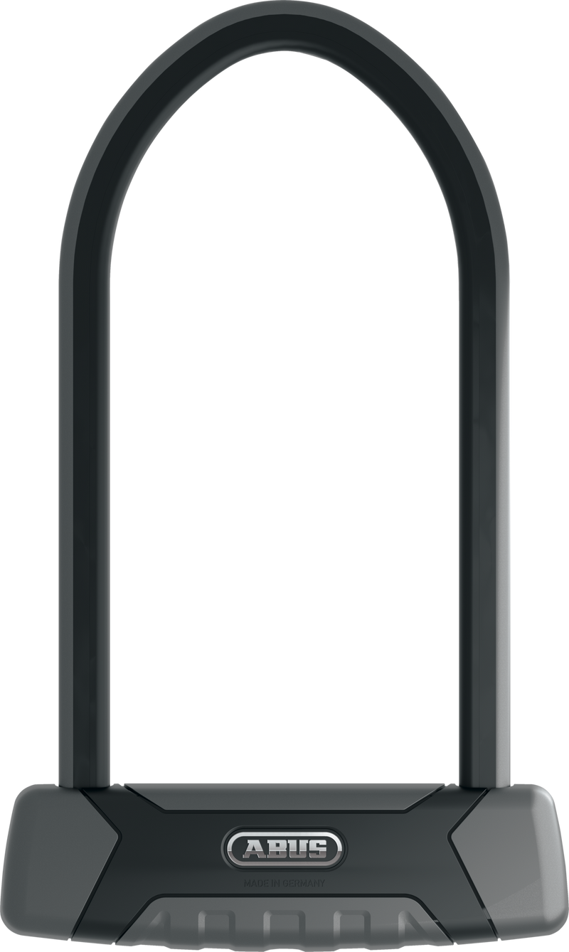Load image into Gallery viewer, A dark gray and black U-shaped bicycle lock with a textured grip base and a silver logo plate reading 'ABUS'.
