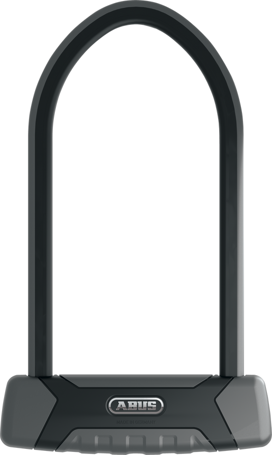 A dark gray and black U-shaped bicycle lock with a textured grip base and a silver logo plate reading 'ABUS'.