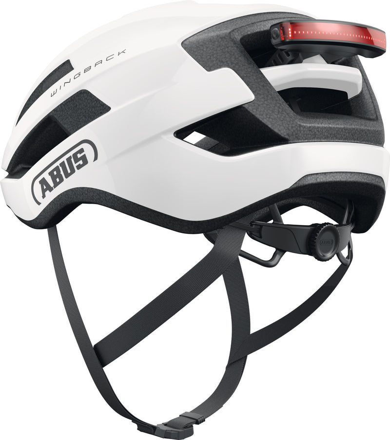 Load image into Gallery viewer, White and black bicycle helmet with ABUS branding and reacr light installed

