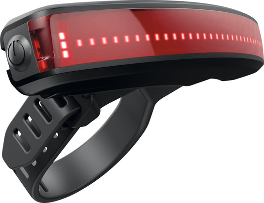 Bicycle light with red LED strip and  bracket on a white background
