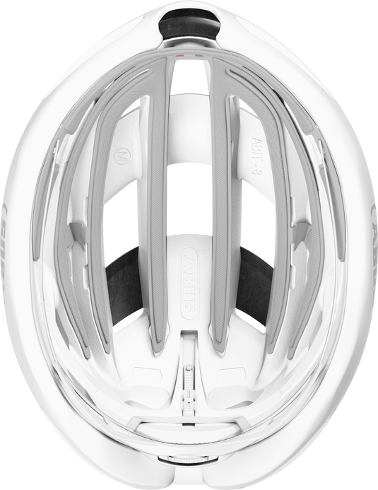 White helmet with black interior on a white background