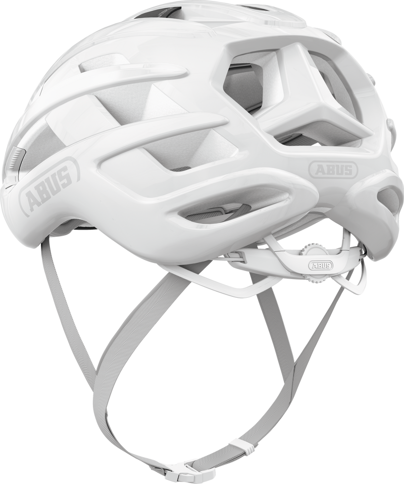 Load image into Gallery viewer, White bicycle helmet with ABUS branding on a white background
