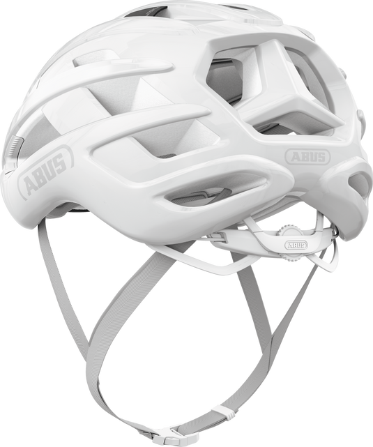 White bicycle helmet with ABUS branding on a white background