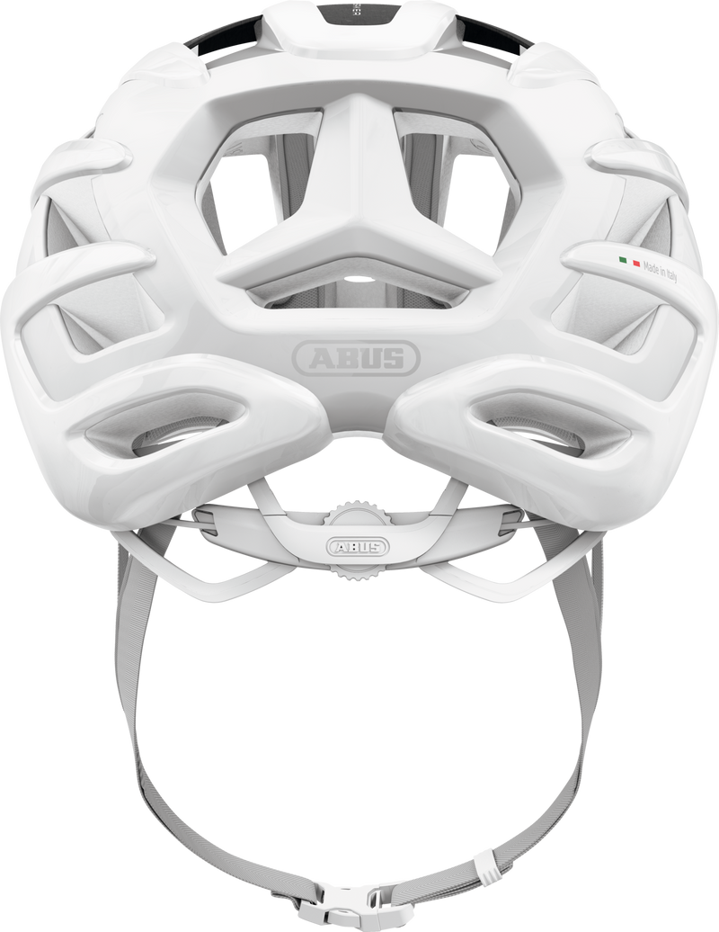Load image into Gallery viewer, White bicycle helmet with 'ABUS' branding on a white background
