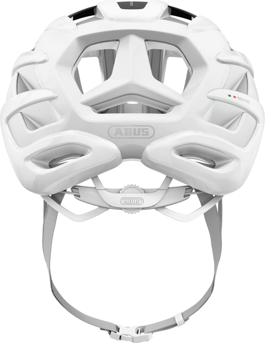 White bicycle helmet with 'ABUS' branding on a white background