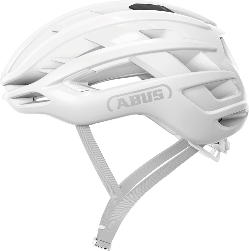 Load image into Gallery viewer, White bicycle helmet with Abus logo on a white background
