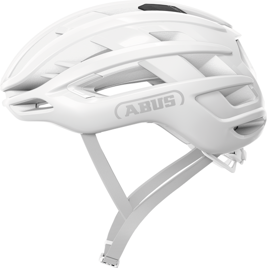 White bicycle helmet with Abus logo on a white background