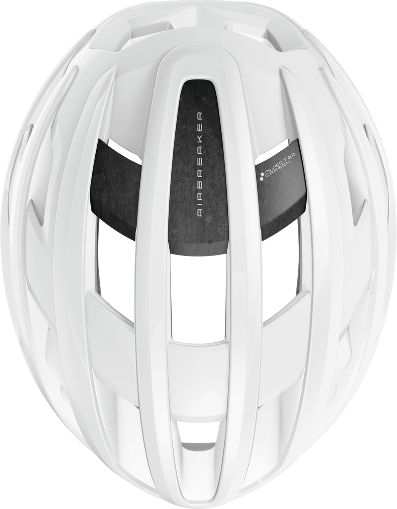 Load image into Gallery viewer, White bicycle helmet with black visor on a white background
