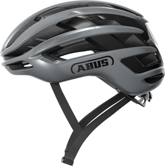 Gray bicycle helmet with ABUS logo on a white background