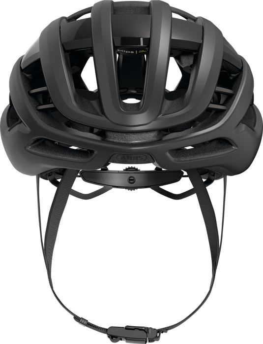 front view of Black bicycle helmet on a white background.
