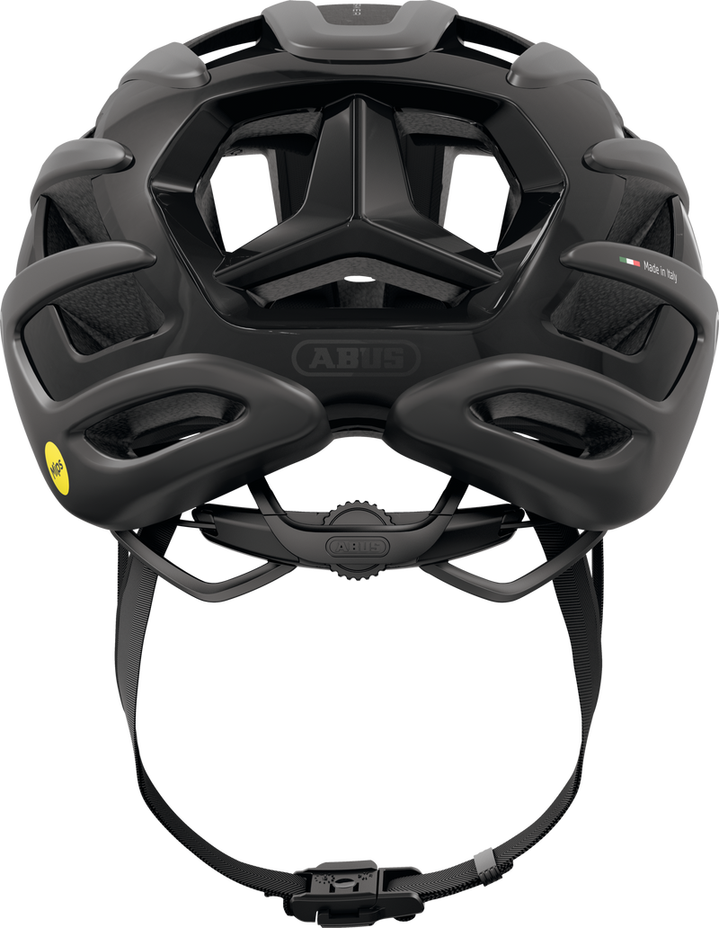 Load image into Gallery viewer, rear view of Black helmet with a visible brand logo on a white background.#color_velvet black
