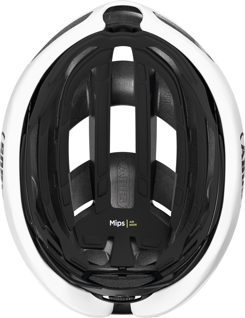 Load image into Gallery viewer, inside view of a white and black helmet with MIPS technology label on a white background.#color_shiny white
