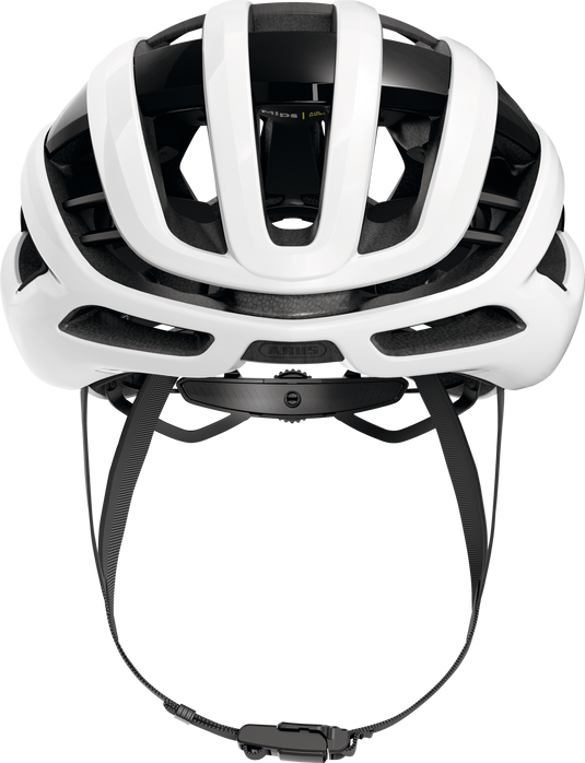 White bicycle helmet with black accents on a white background.