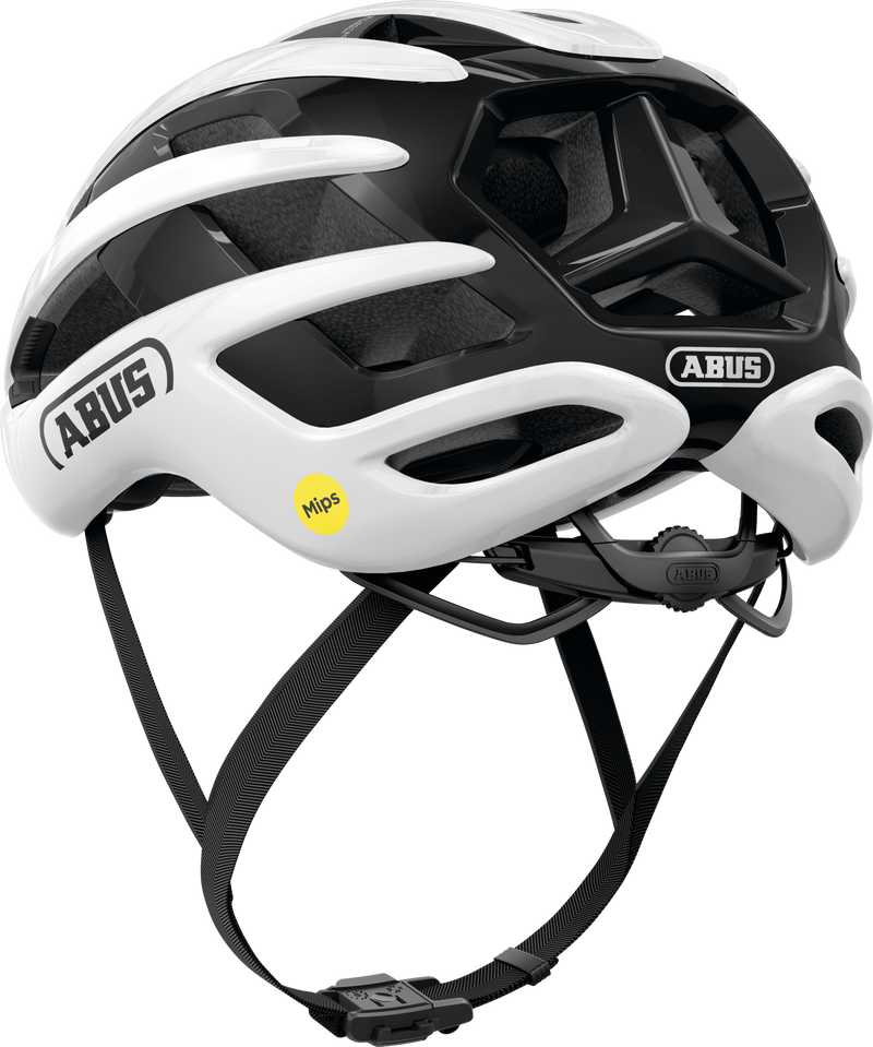 Load image into Gallery viewer, Black and white ABUS bicycle helmet on a white background #color_shiny white
