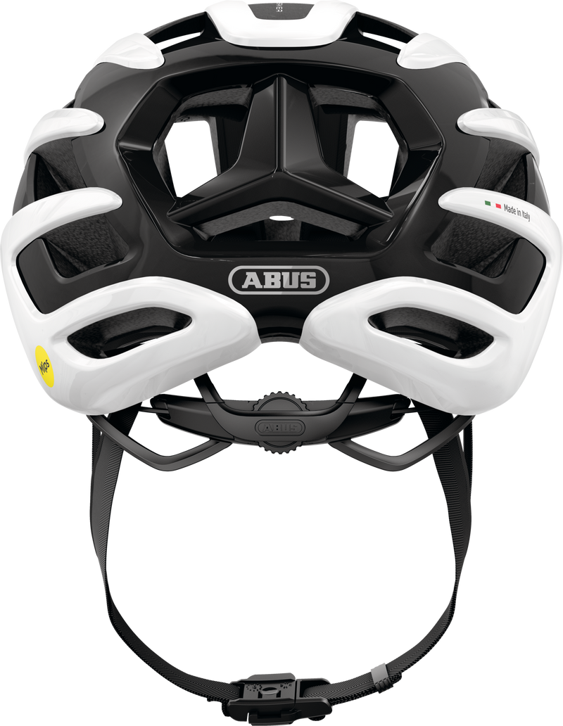 Load image into Gallery viewer, Black and white ABUS bicycle helmet on a white background.#color_shiny white
