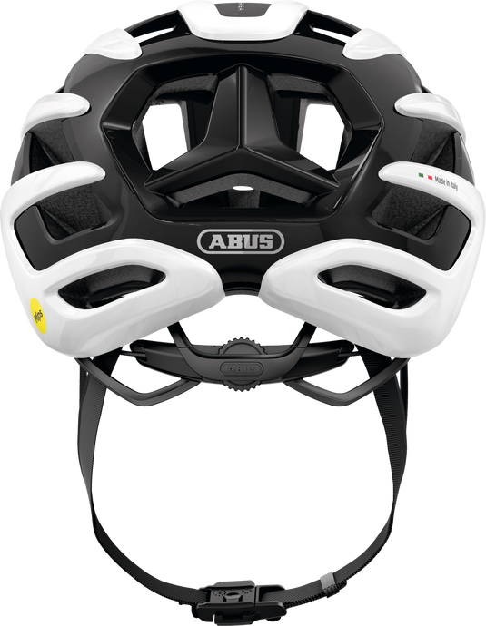 Black and white ABUS bicycle helmet on a white background.