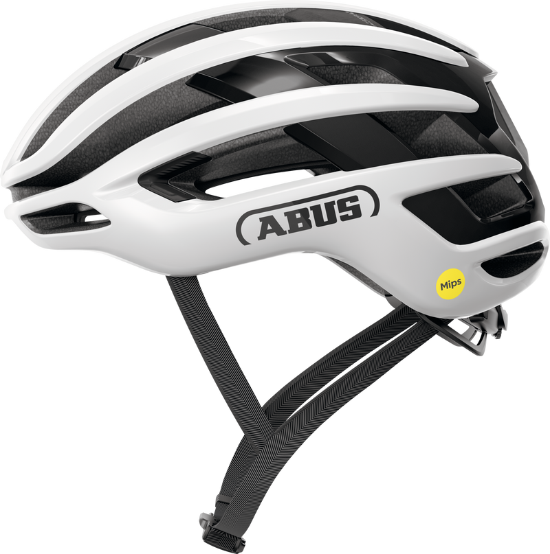 Load image into Gallery viewer, White and black ABUS bicycle helmet on a white background.#color_shiny white
