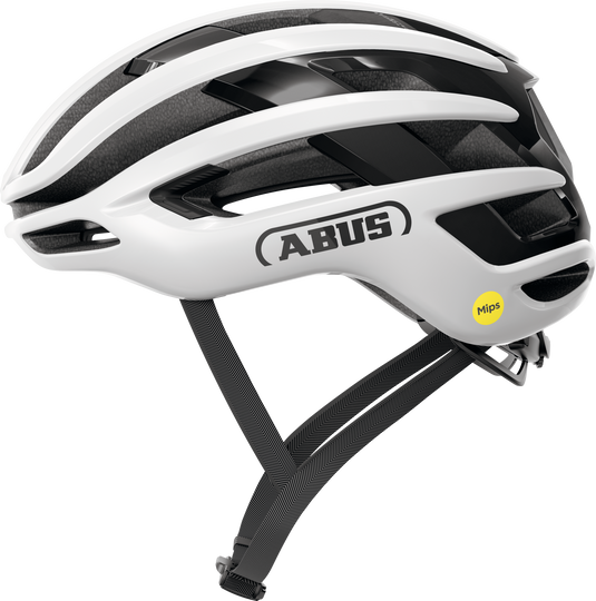 White and black ABUS bicycle helmet on a white background.