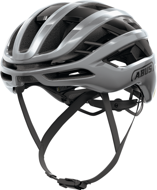 Gray bicycle helmet with black straps on a white background