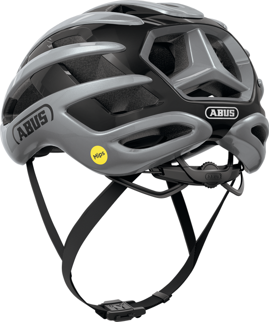 Gray bicycle helmet with ABUS branding on a white background.