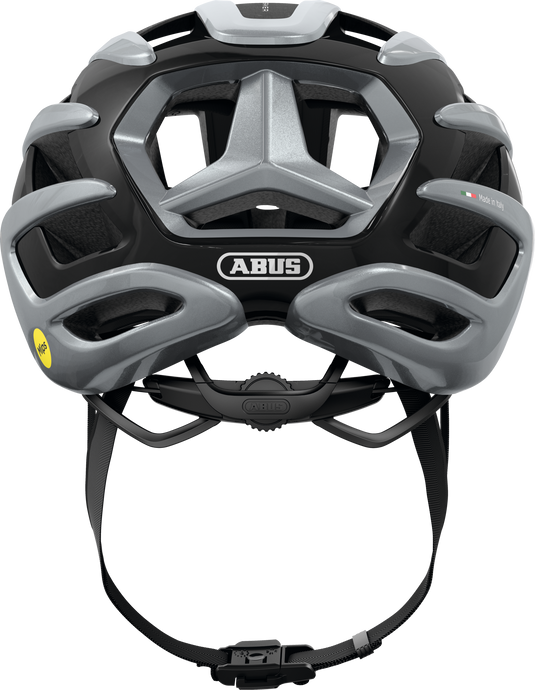 Gray and black helmet with Abus logo on a white background