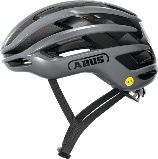 Gray bicycle helmet with ABUS branding on a white background