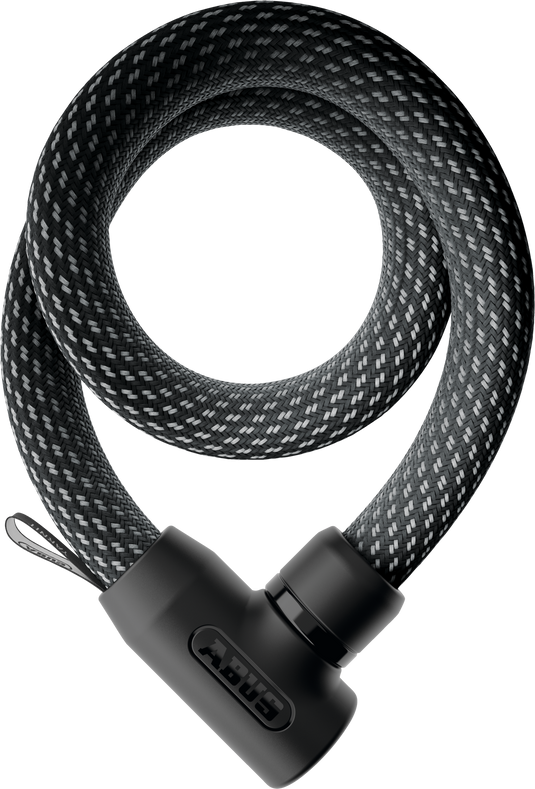 Black braided cable lock with a black lock mechanism on a white background
