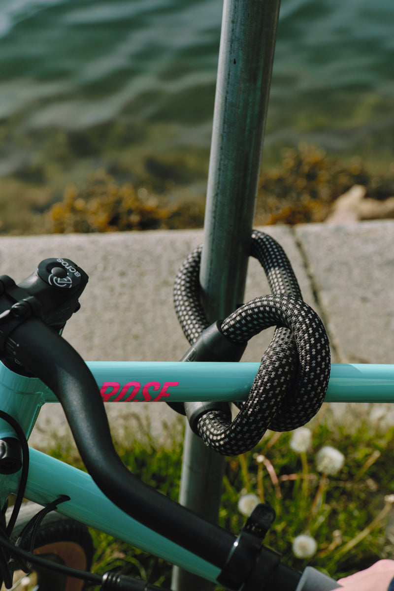 Load image into Gallery viewer, Teal bicycle with snake-like design on handlebar against a natural background #color_black
