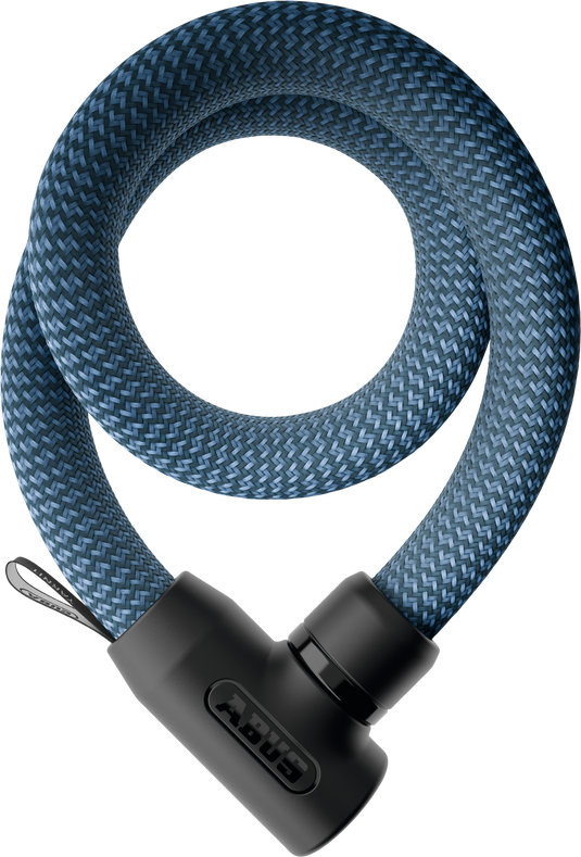 Blue braided cable lock with black metal connector on a white background