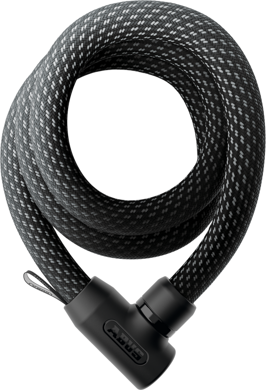 Black braided bicycle lock on a white background
