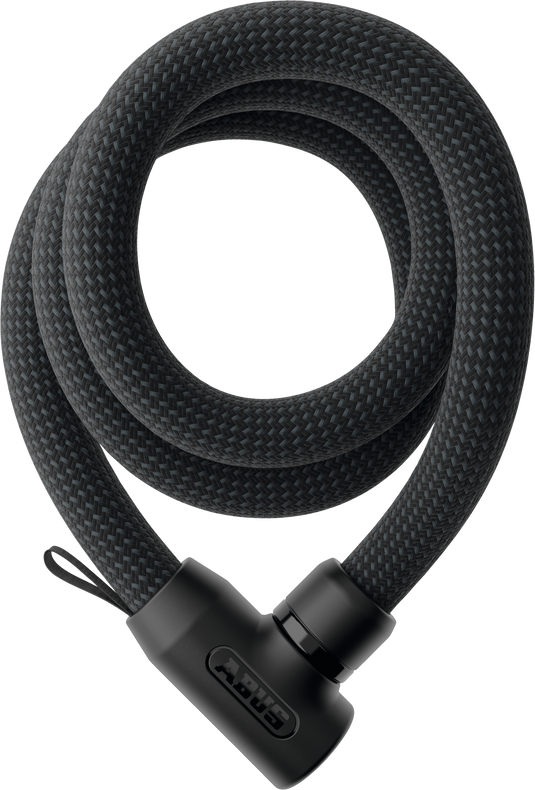 Black braided bicycle lock on a white background