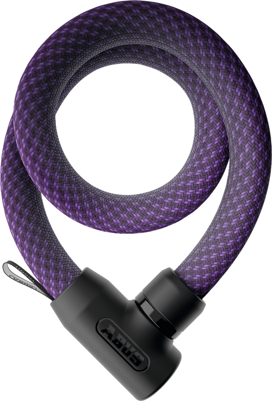Purple braided cable lock with black metal connector on a white background