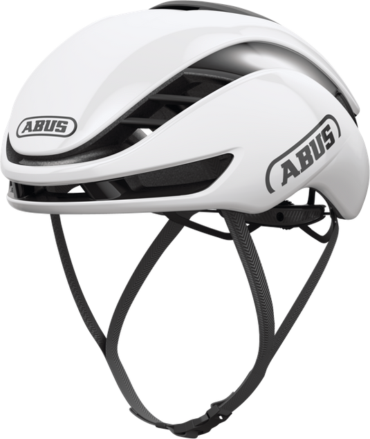 quarter view of shiny white ABUS GameChanger 2.0 helmet
