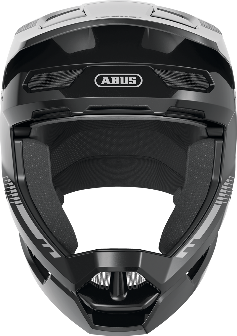 Load image into Gallery viewer, Black bicycle helmet with ABUS branding on a white background #color_muted black
