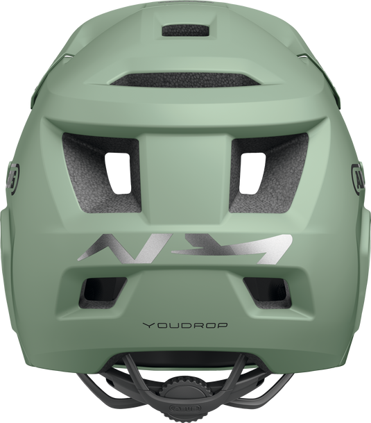 Green helmet with a brand logo on a white background