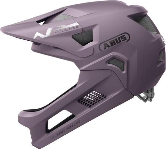 Purple bicycle helmet with ABUS branding on a white background