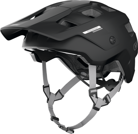 Black helmet with visible branding on a white background 