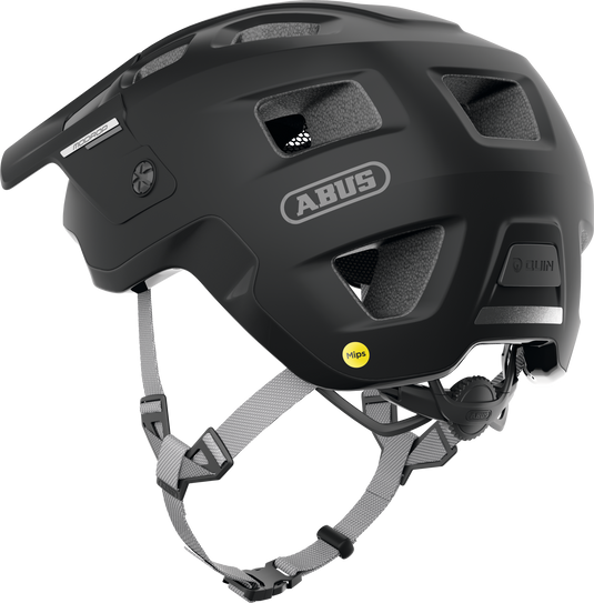 Black helmet with ABUS branding on a white background