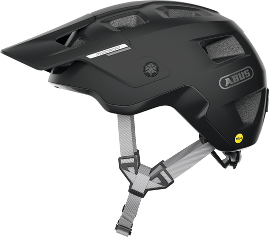 Black helmet with visible Abus branding on a white background