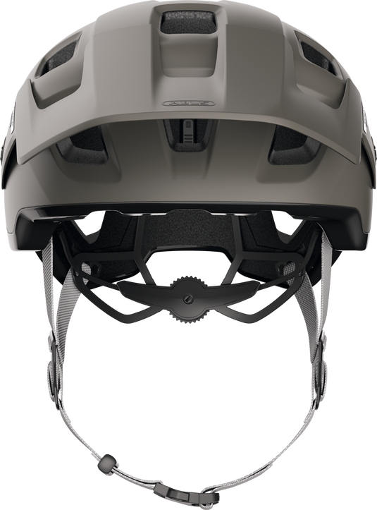 Purple helmet with black interior and chin strap on a white background
