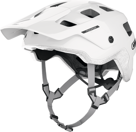 White helmet with gray straps on a white background