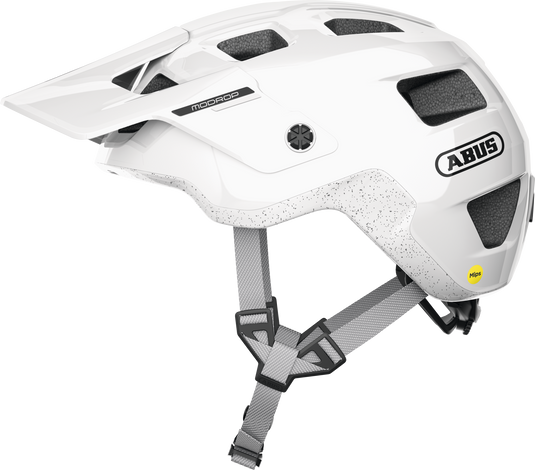 White helmet with black accents and ABUS branding on a white background