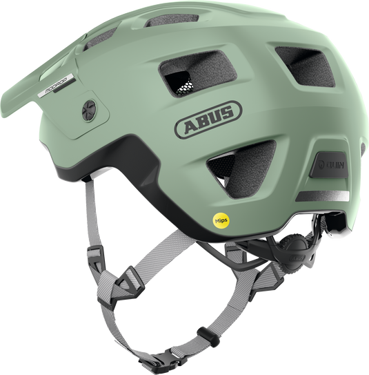 Green helmet with Abus branding on a white background
