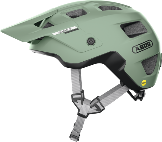 Green helmet with Abus branding on a white background