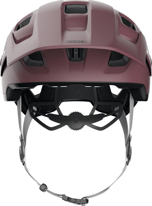 Purple helmet with black interior and chin strap on a white background