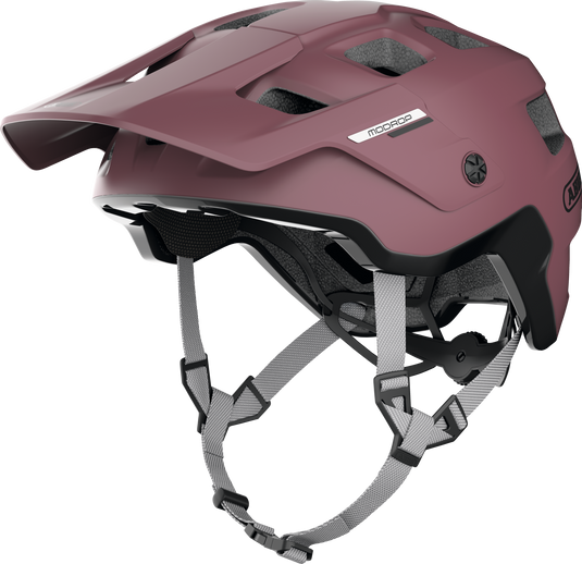 Maroon helmet with gray straps on a white background