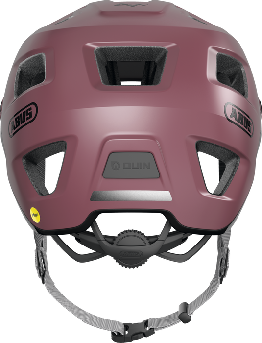 Maroon bicycle helmet with 'ABUS' branding on a white background