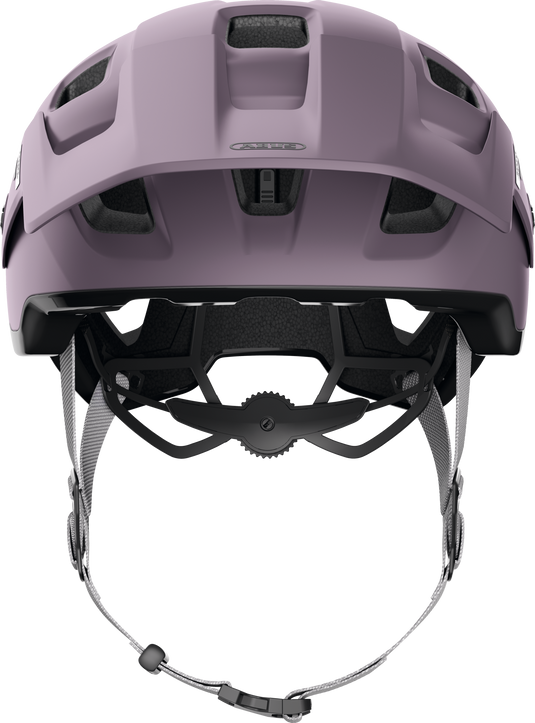 Purple helmet with black interior and chin strap on a white background