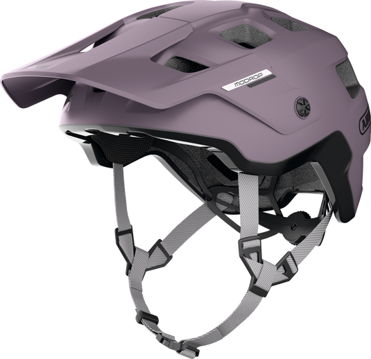 Purple helmet with gray straps on a white background
