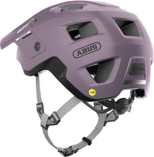 Purple helmet with Abus branding on a white background